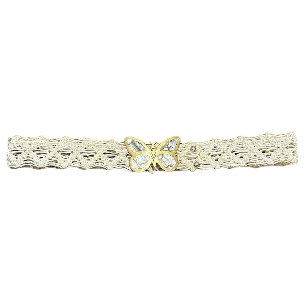 Vintage Cream Macrame Belt with Brass and Abalone Shell Butterfly Buckle - Picture 7 of 7